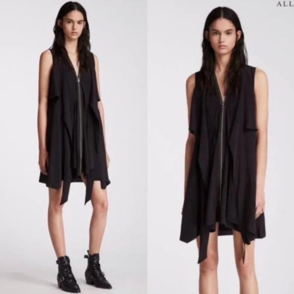 All Saints 100% Silk Zipper Front Little Black Dress - Picture 1 of 8